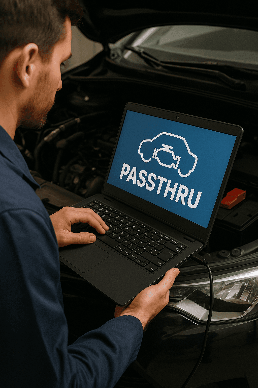 Técnico automotriz usando PASSTHRU para diagnóstico y programación de centralitas.